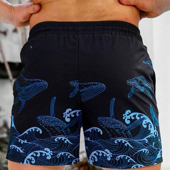 Manfinity Swimmode Men Wave Print Drawstring Waist Swim Trunks - Picture 2 of 5